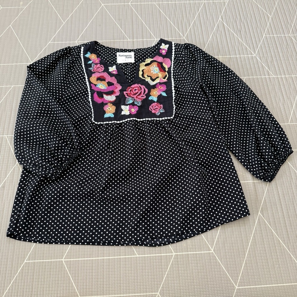 Savanna Jane Black White Polka Dot Embroidered Floral Bohemian Casual Tops L‎ - Picture 2 of 8